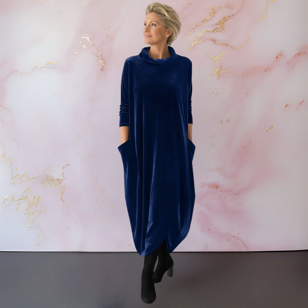 Robe maxi femme à col roulé et manches longues, poches latérales, ourlet tulipe