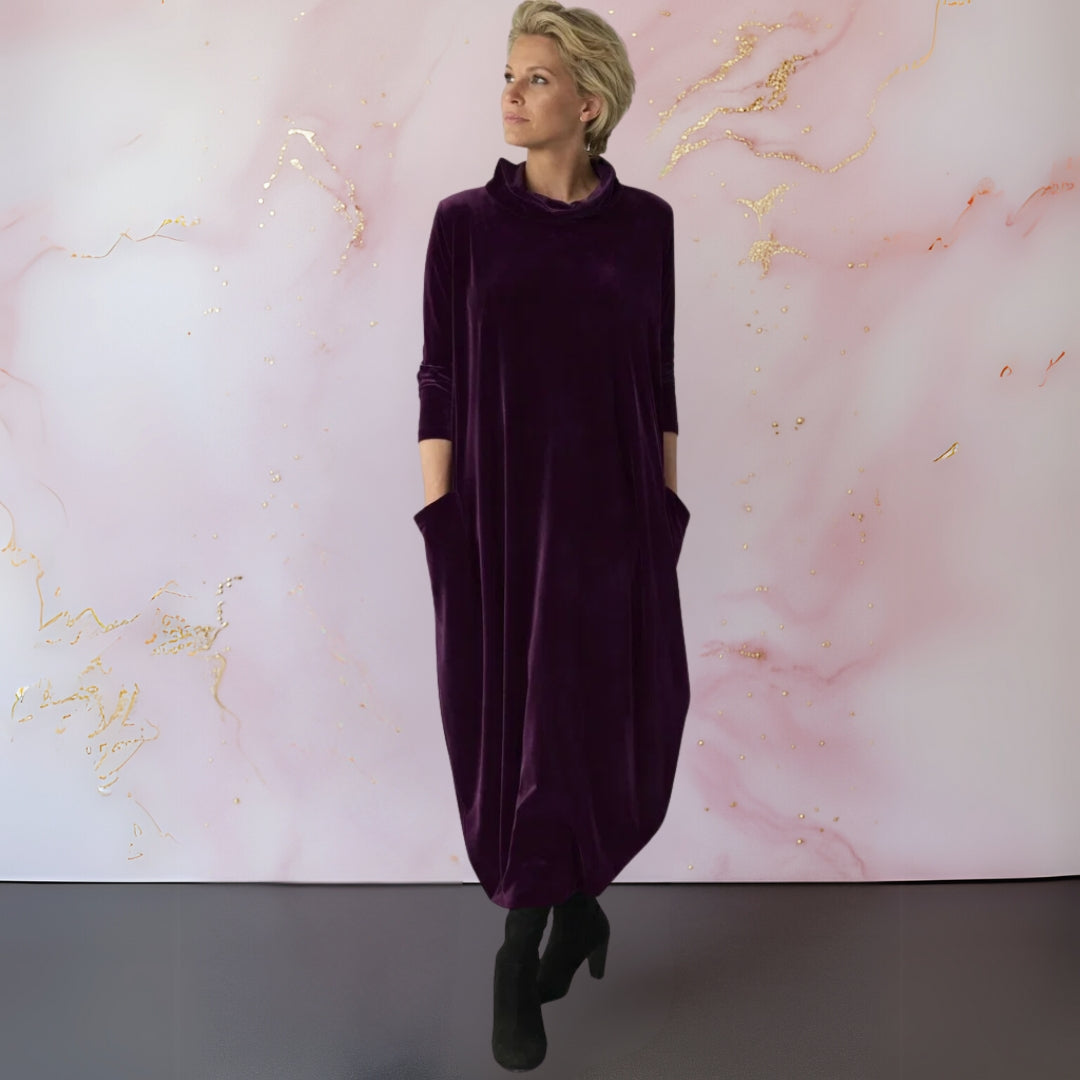 Robe maxi femme à col roulé et manches longues, poches latérales, ourlet tulipe
