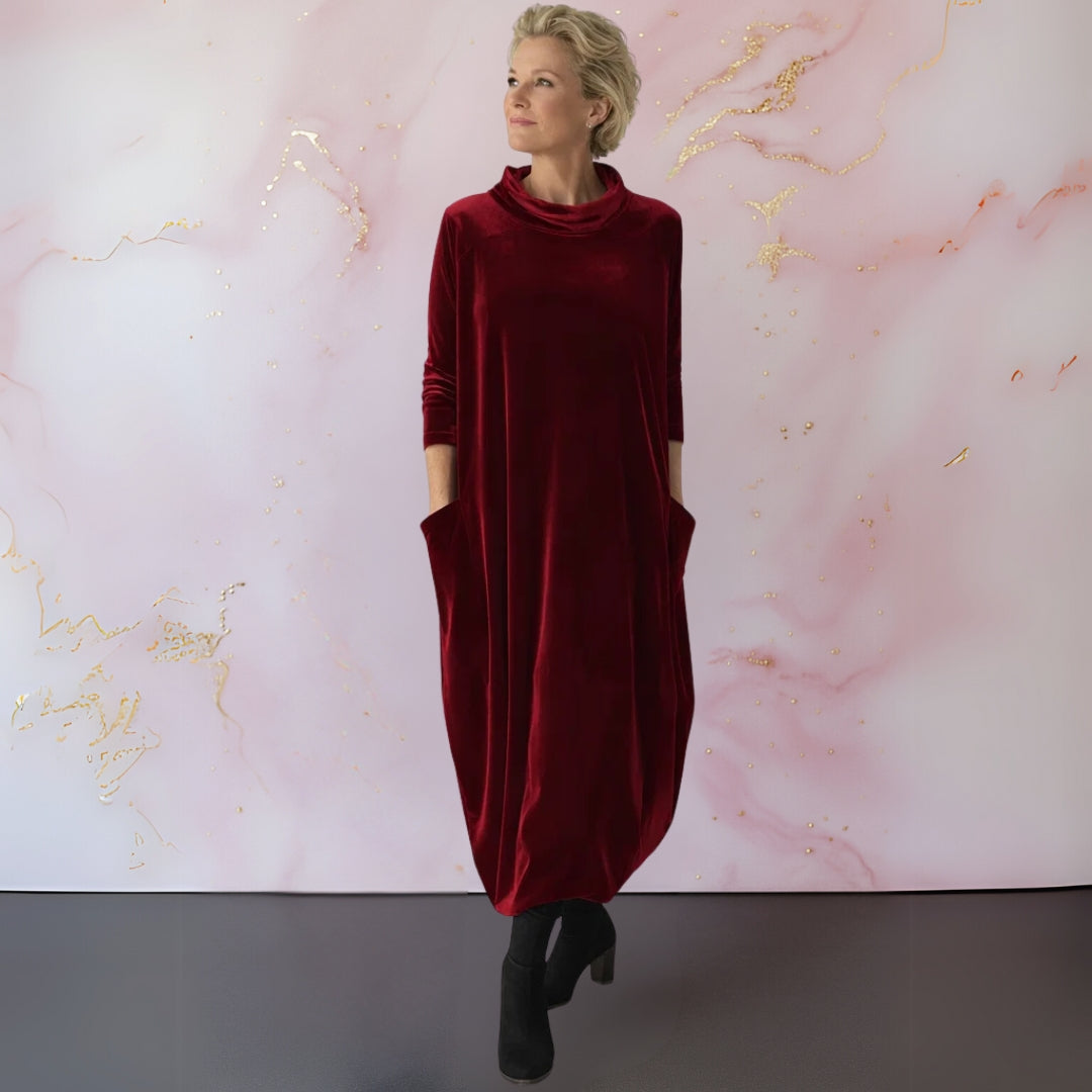 Robe maxi femme à col roulé et manches longues, poches latérales, ourlet tulipe