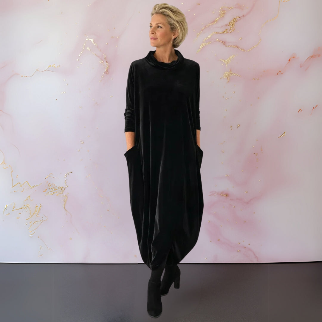Robe maxi femme à col roulé et manches longues, poches latérales, ourlet tulipe