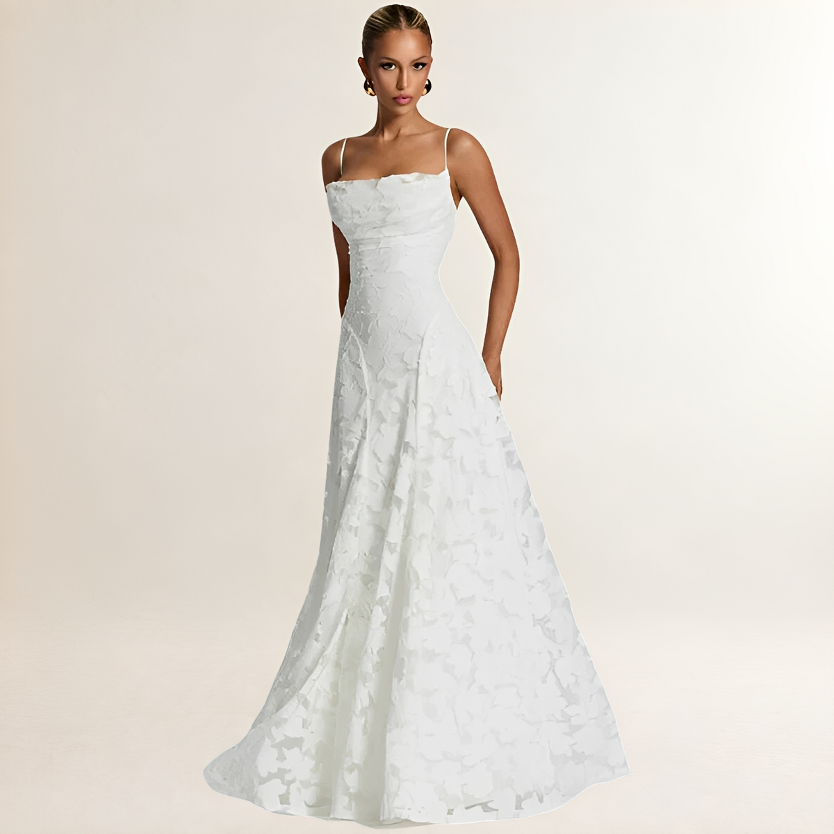 Robe maxi femme corset haut à bretelles spaghetti et dos lacé ouvert, jupe A-line à texture florale