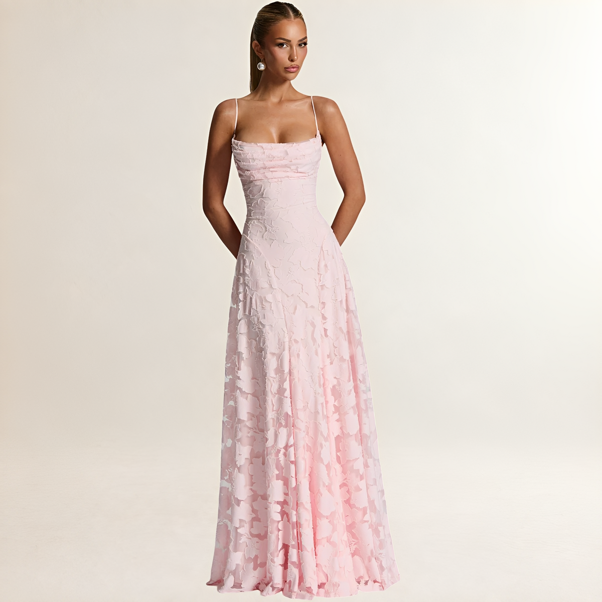 Robe maxi femme corset haut à bretelles spaghetti et dos lacé ouvert, jupe A-line à texture florale