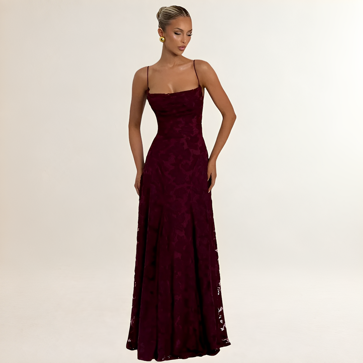 Robe maxi femme corset haut à bretelles spaghetti et dos lacé ouvert, jupe A-line à texture florale