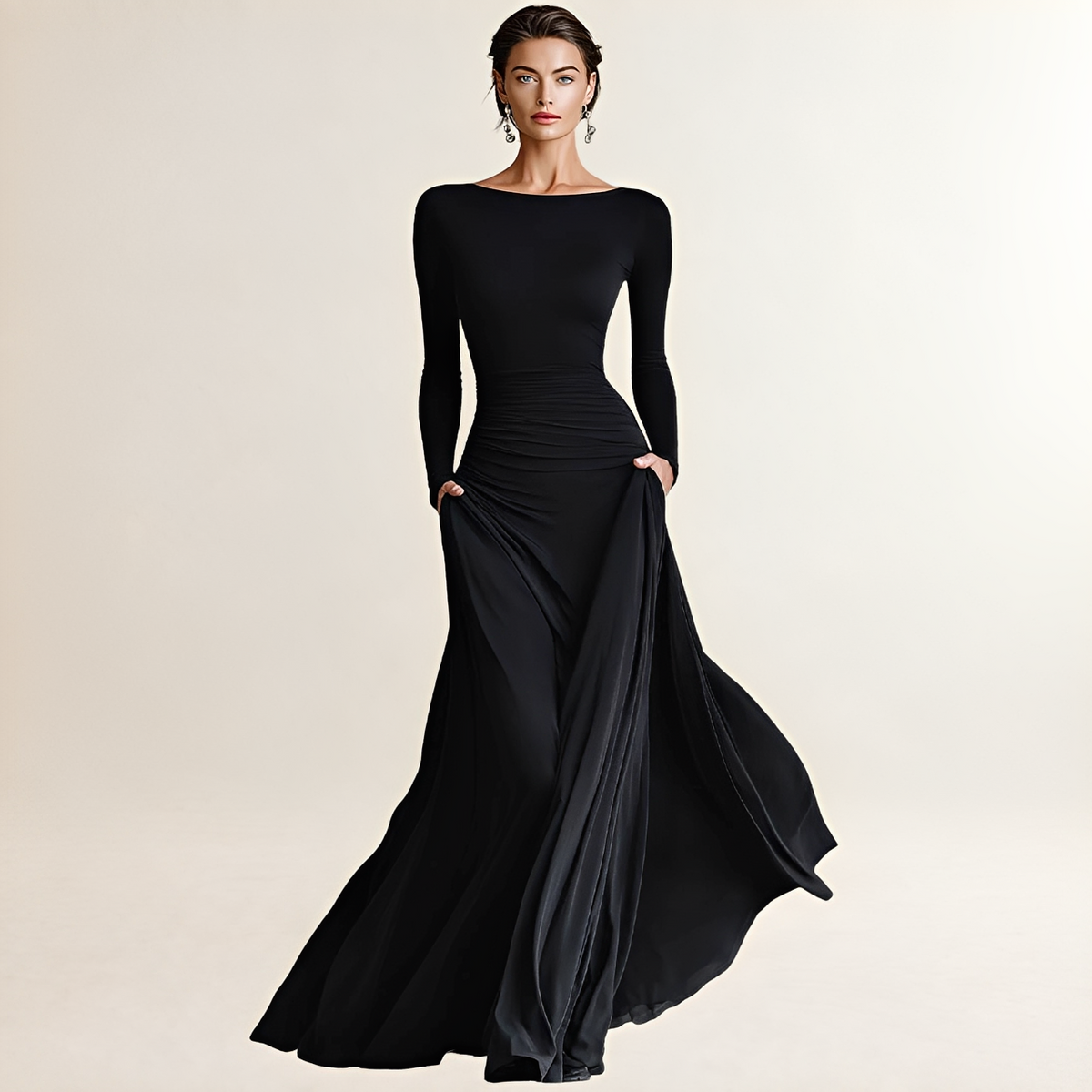 Robe maxi femme encolure bateau manches longues taille froncée et poches latérales