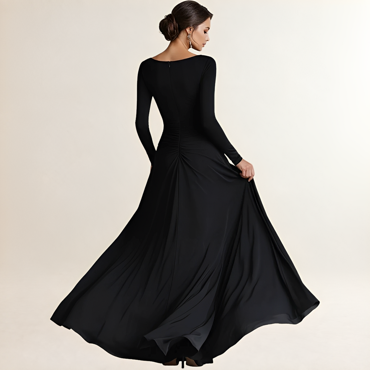 Robe maxi femme encolure bateau manches longues taille froncée et poches latérales