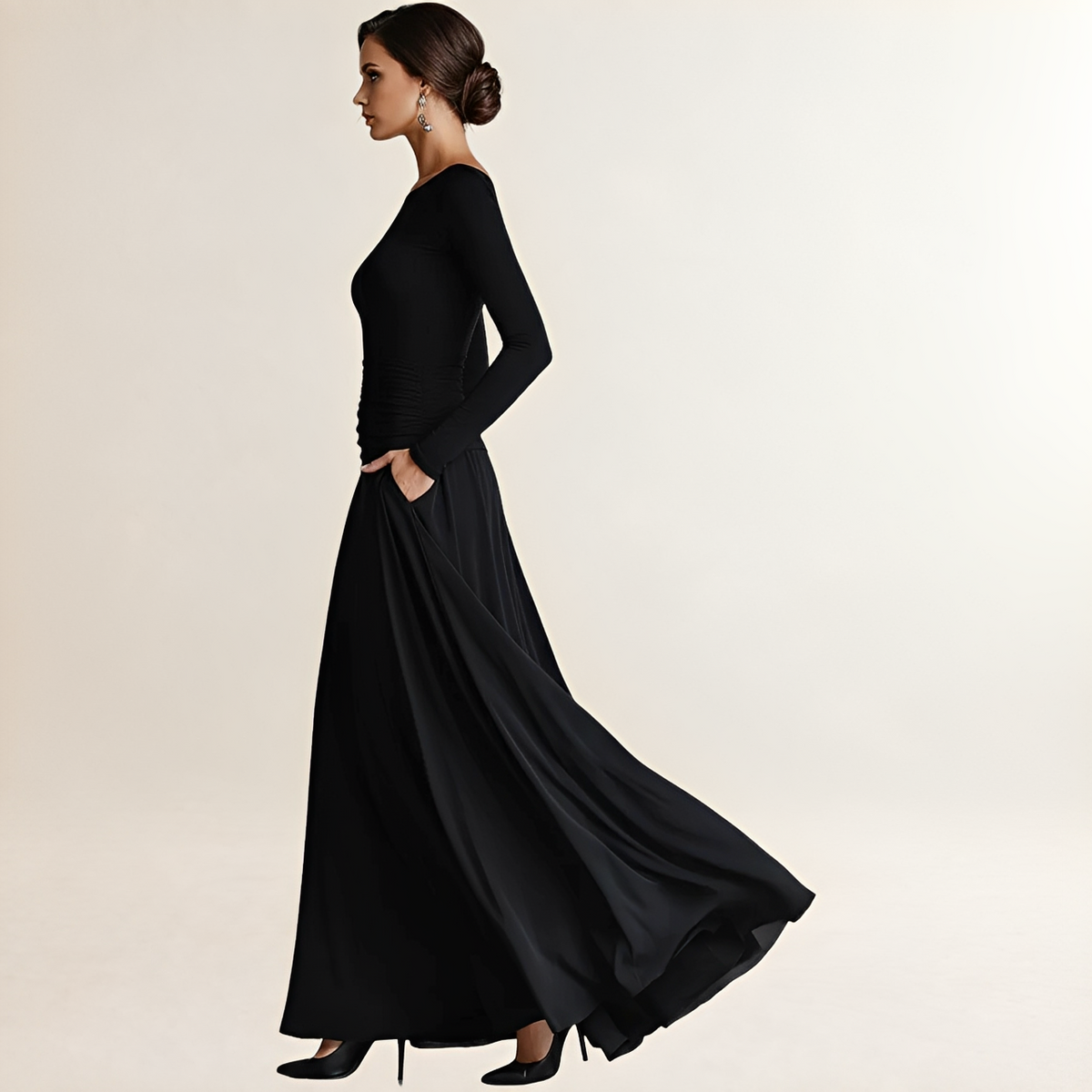 Robe maxi femme encolure bateau manches longues taille froncée et poches latérales