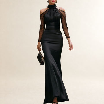 Robe maxi femme épaules dénudées col haut manches longues en tissu transparent