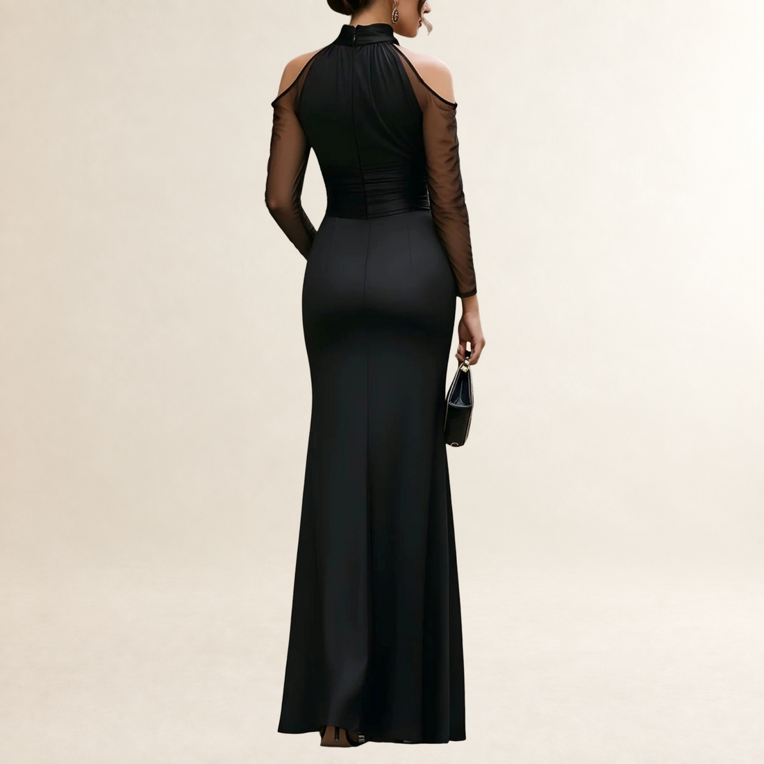 Robe maxi femme épaules dénudées col haut manches longues en tissu transparent