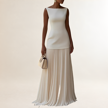 Robe maxi femme sans manches, col bateau, corsage ajusté et jupe plissée jusqu’au sol