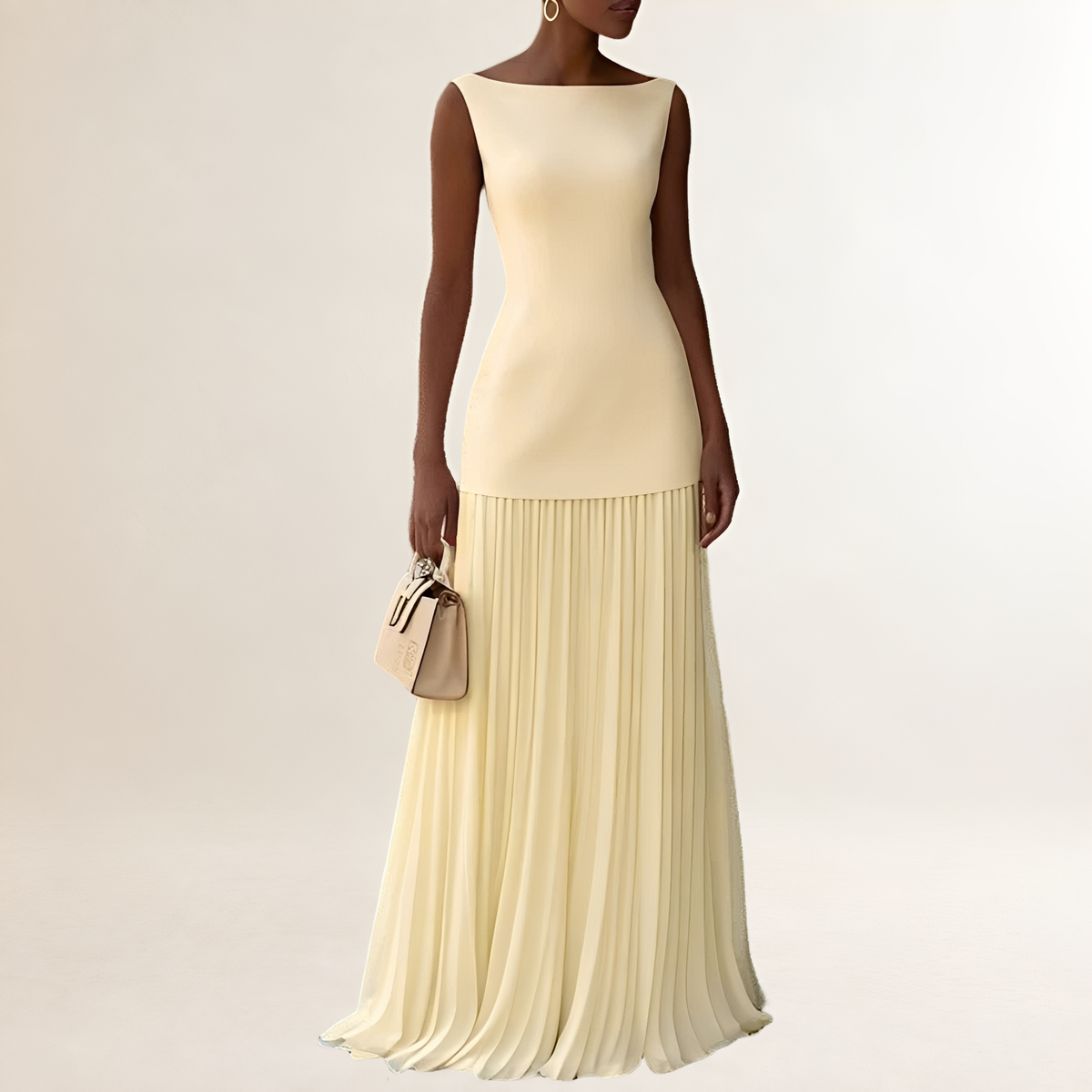 Robe maxi femme sans manches, col bateau, corsage ajusté et jupe plissée jusqu’au sol