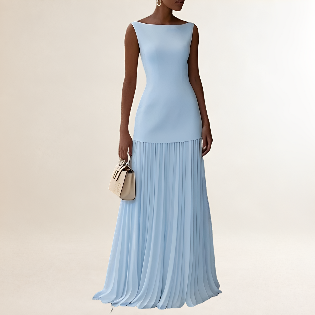 Robe maxi femme sans manches, col bateau, corsage ajusté et jupe plissée jusqu’au sol