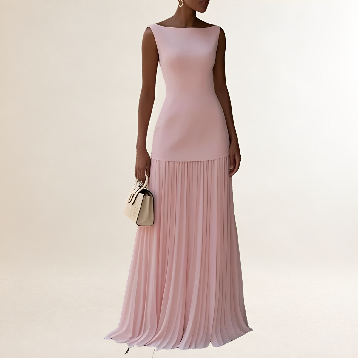 Robe maxi femme sans manches, col bateau, corsage ajusté et jupe plissée jusqu’au sol
