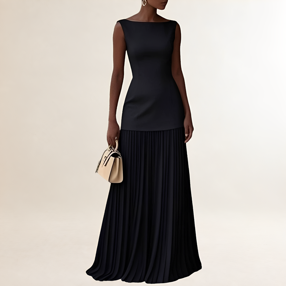 Robe maxi femme sans manches, col bateau, corsage ajusté et jupe plissée jusqu’au sol