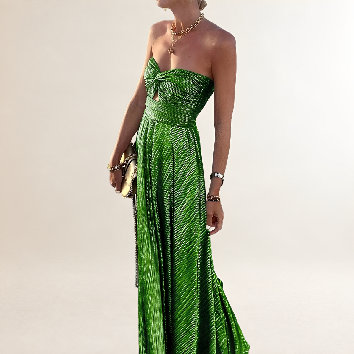 Robe maxi sans bretelles femme, décolleté en cœur torsadé avec ouverture en clé sur le corsage, jupe évasée plissée