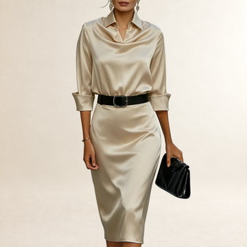 Robe midi femme à col drapé avec ceinture et coupe ajustée