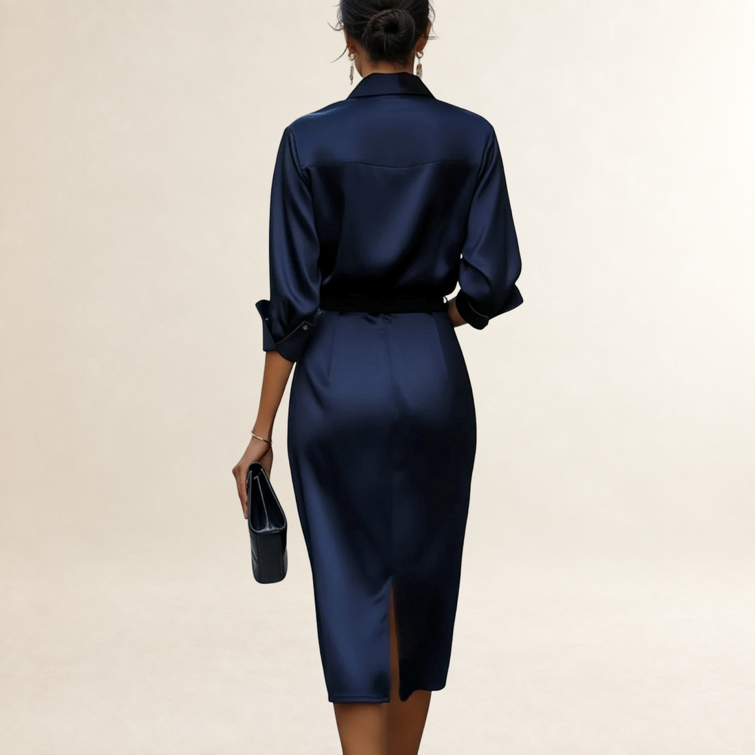 Robe midi femme à col drapé avec ceinture et coupe ajustée