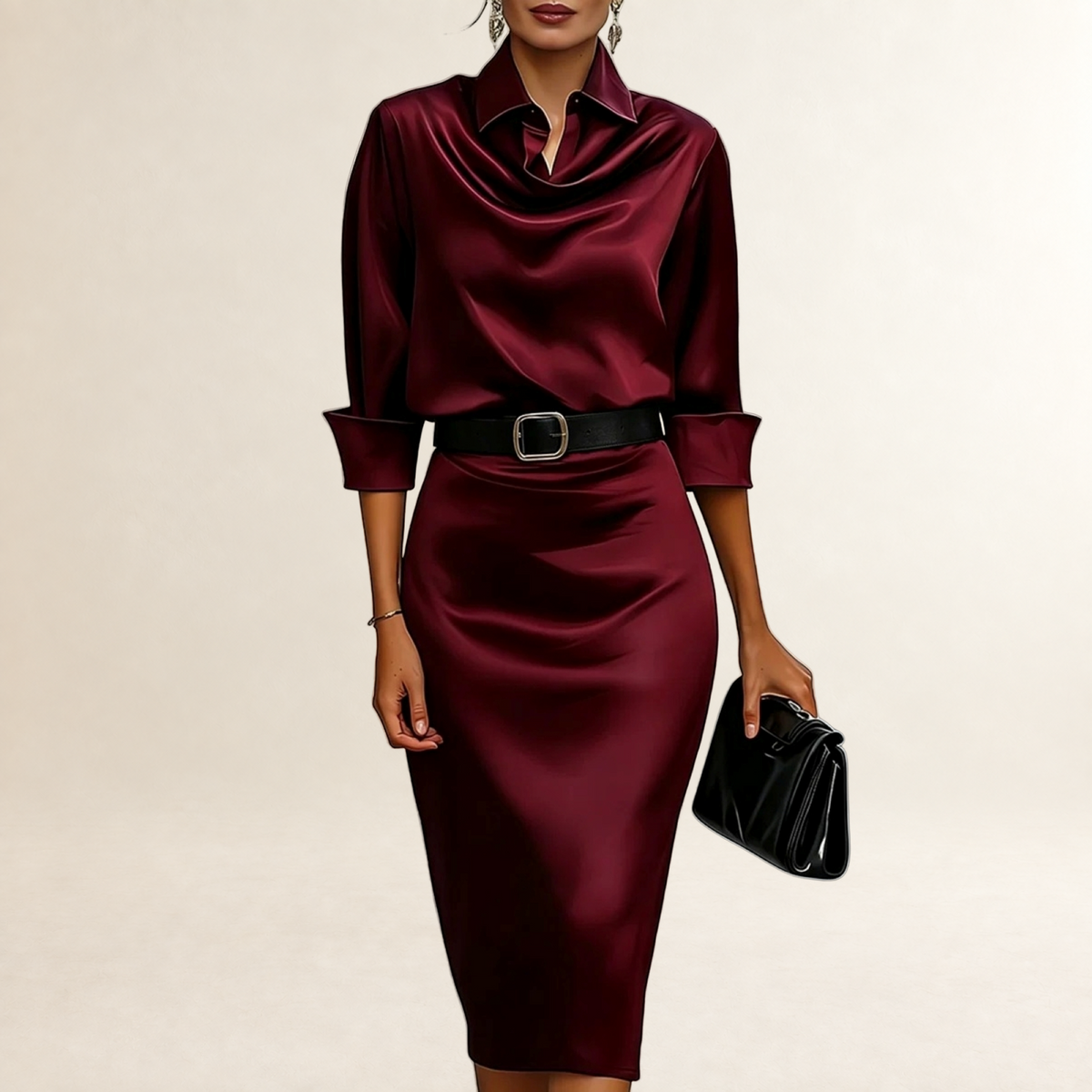 Robe midi femme à col drapé avec ceinture et coupe ajustée