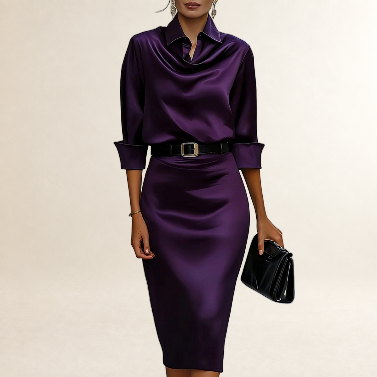 Robe midi femme à col drapé avec ceinture et coupe ajustée