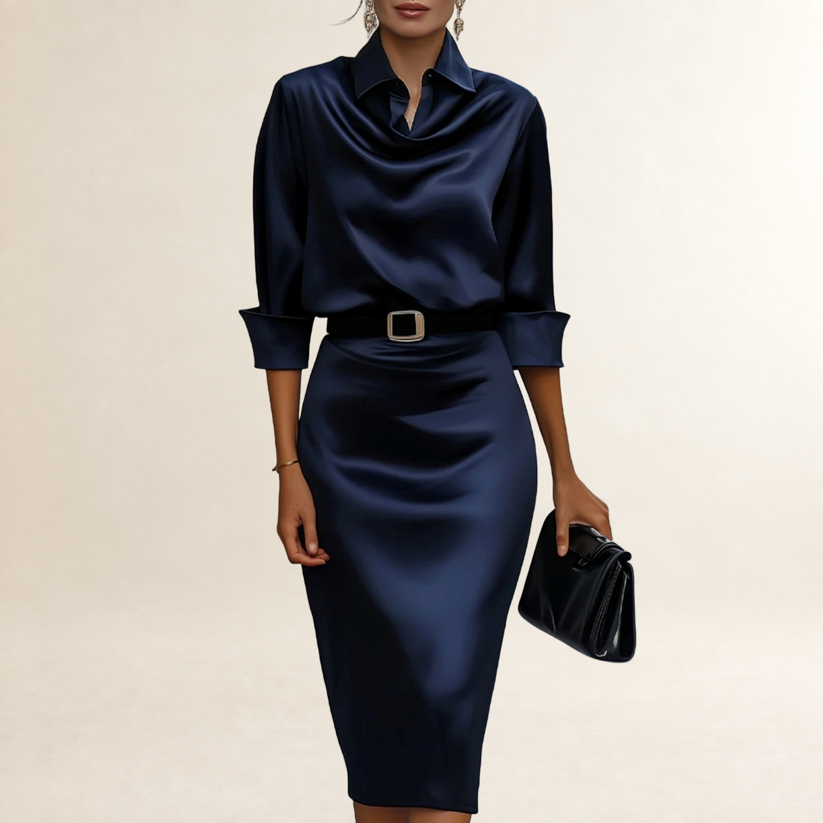 Robe midi femme à col drapé avec ceinture et coupe ajustée