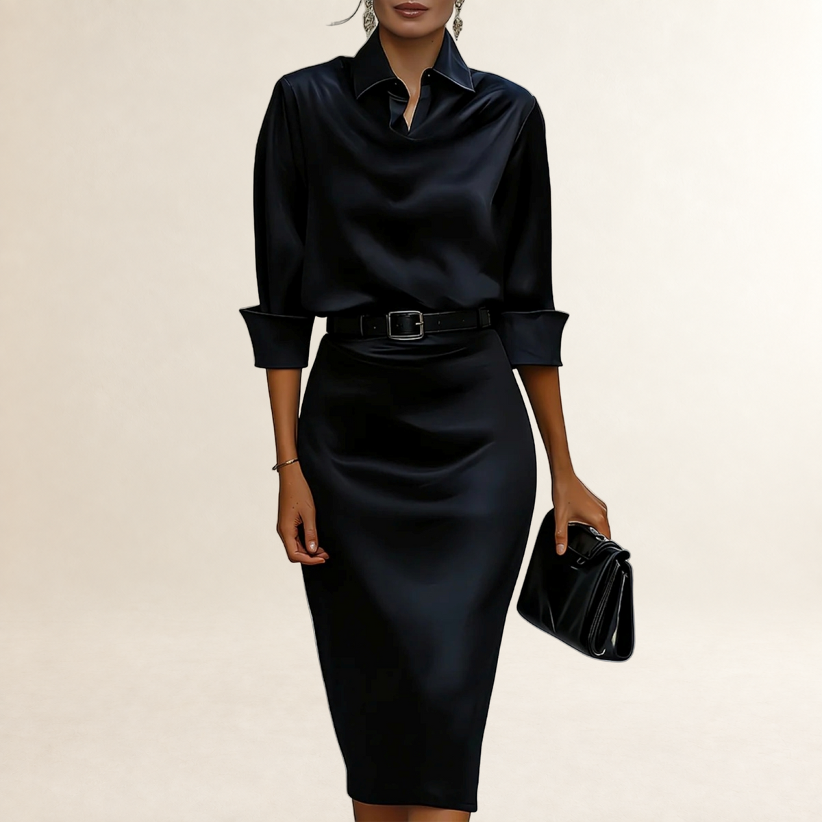 Robe midi femme à col drapé avec ceinture et coupe ajustée