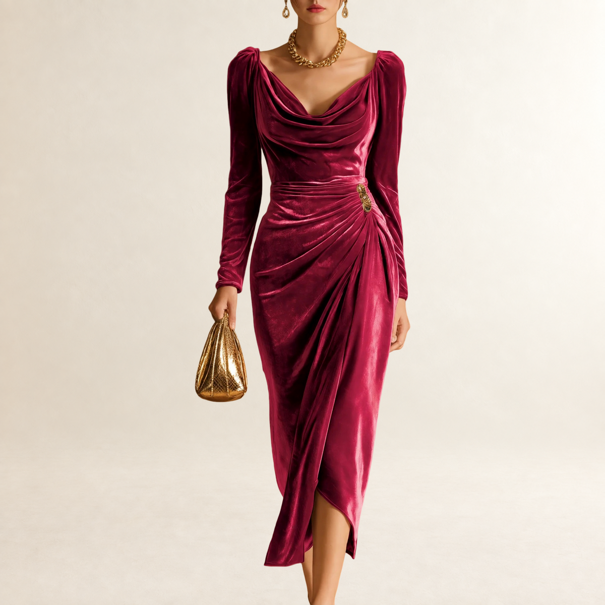 Robe midi femme à col drapé manches longues détail froncé taille