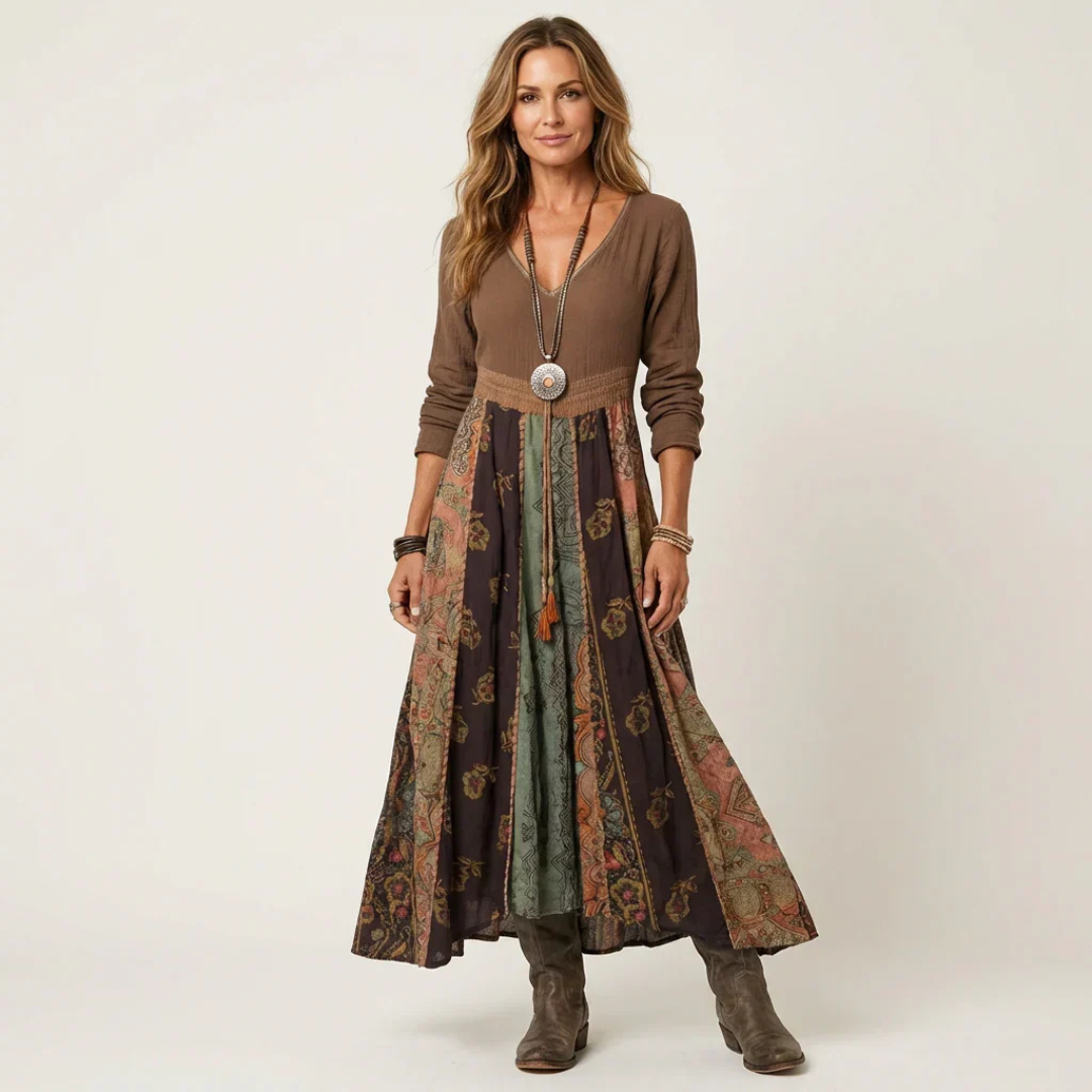 Robe midi femme à col en V, manches longues, taille empire, jupe à panneaux patchwork, coupe décontractée