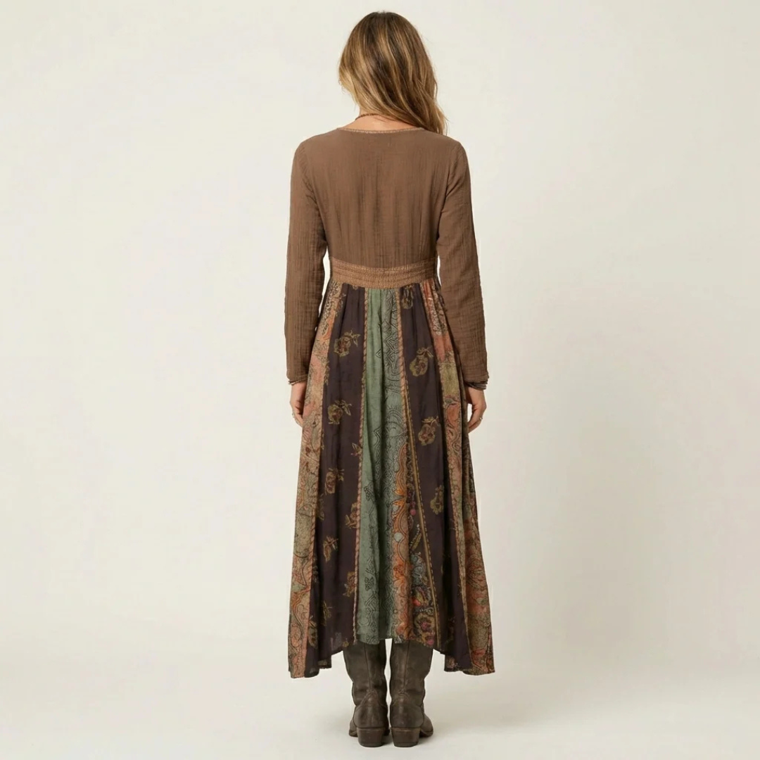 Robe midi femme à col en V, manches longues, taille empire, jupe à panneaux patchwork, coupe décontractée