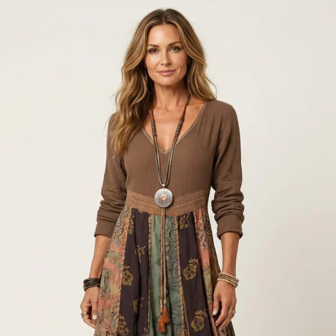 Robe midi femme à col en V, manches longues, taille empire, jupe à panneaux patchwork, coupe décontractée