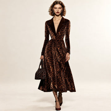 Robe midi femme à col revers à manches longues et imprimé léopard