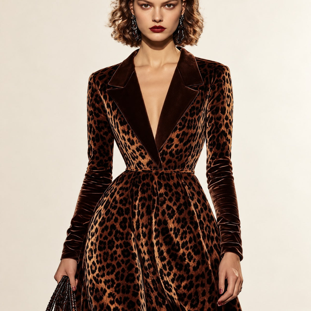 Robe midi femme à col revers à manches longues et imprimé léopard
