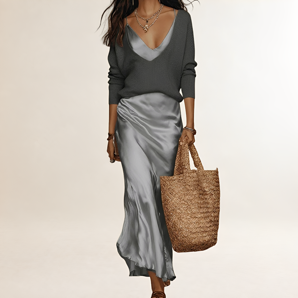 Robe midi femme à col V et silhouette moulante