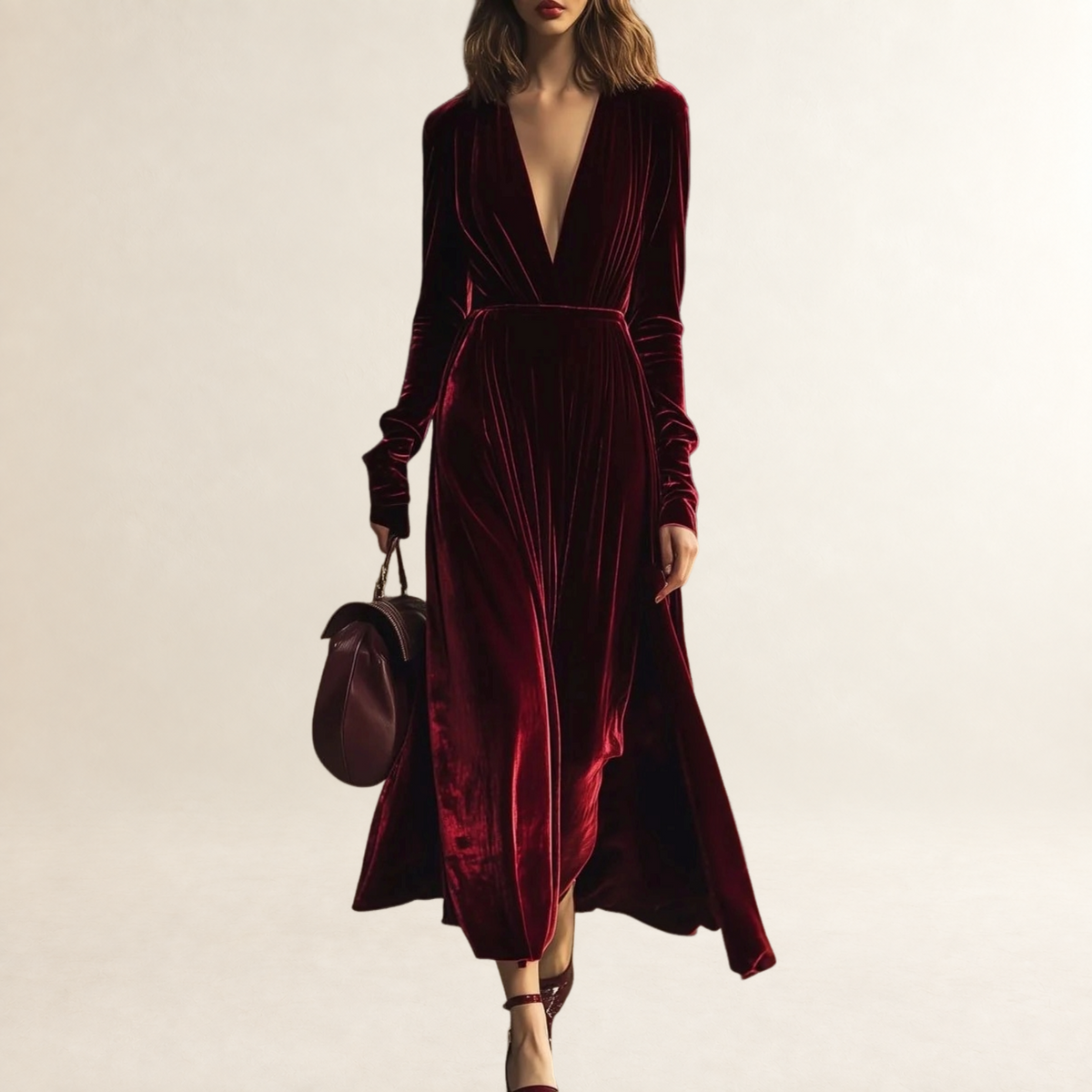 Robe midi femme à col V manches longues plissée silhouette ajustée