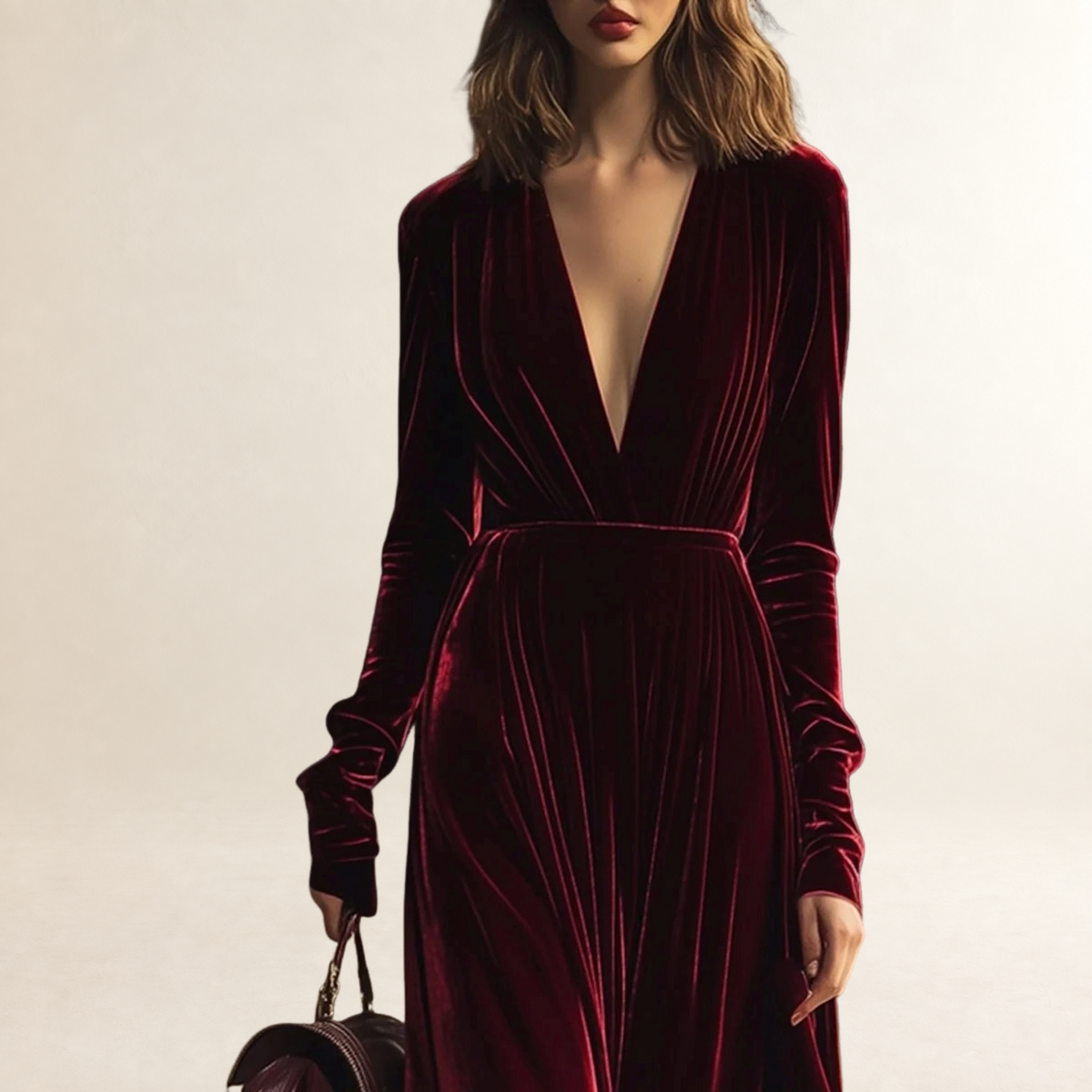 Robe midi femme à col V manches longues plissée silhouette ajustée