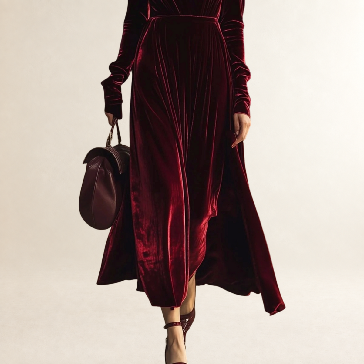 Robe midi femme à col V manches longues plissée silhouette ajustée