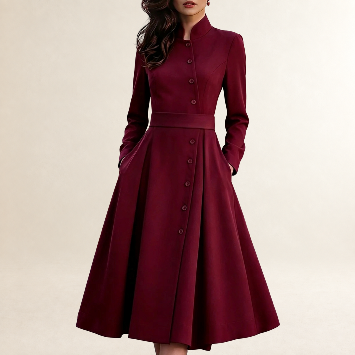 Robe midi femme à manches longues col montant boutonnée taille ceinturée
