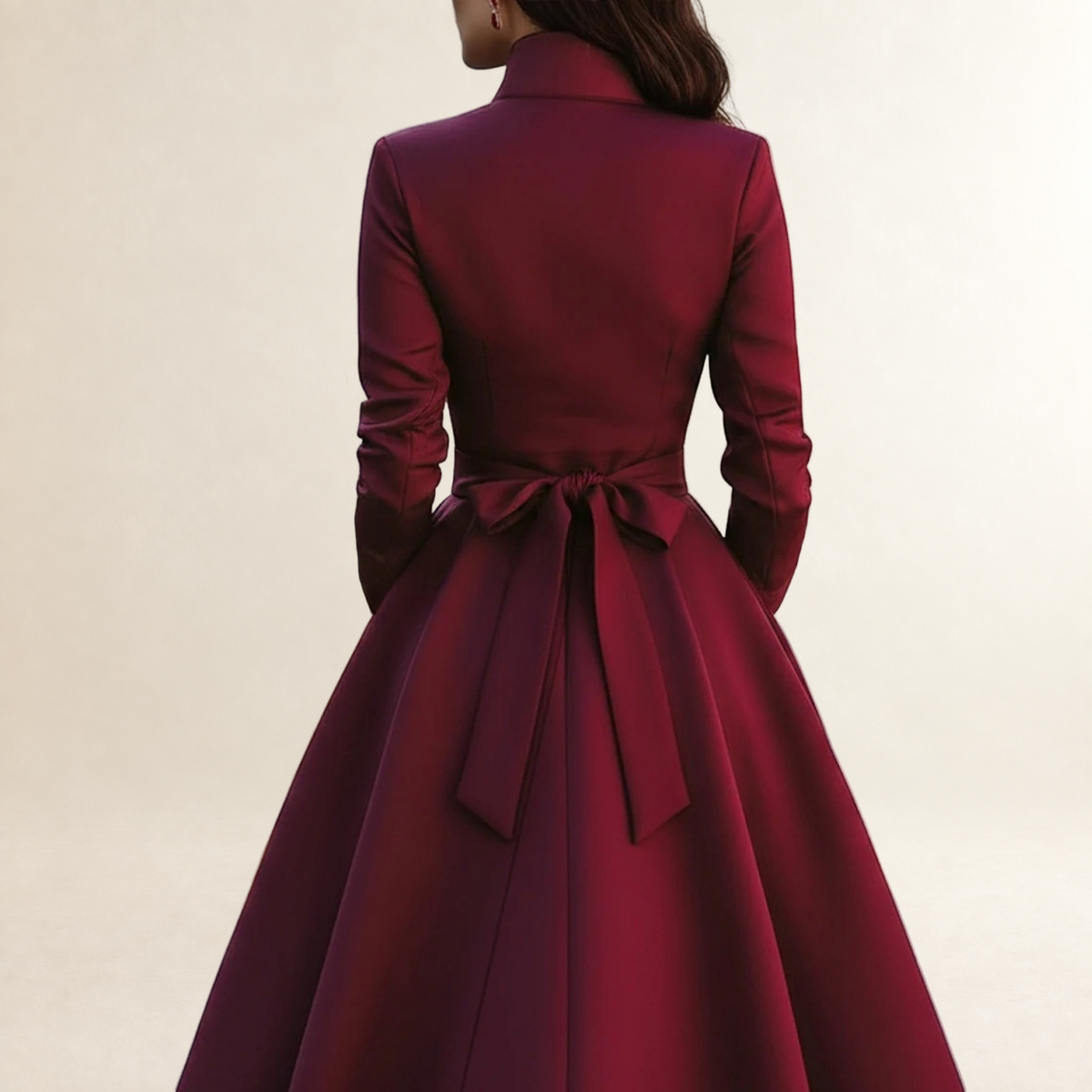 Robe midi femme à manches longues col montant boutonnée taille ceinturée