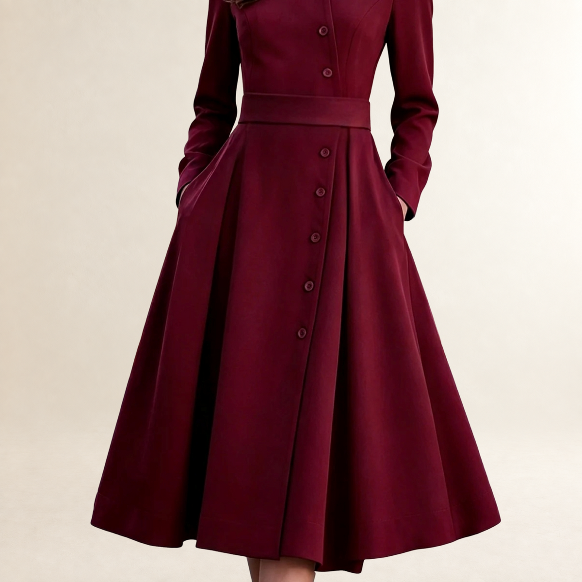 Robe midi femme à manches longues col montant boutonnée taille ceinturée
