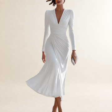 Robe midi femme à manches longues, décolleté en V froncé, ourlet évasé