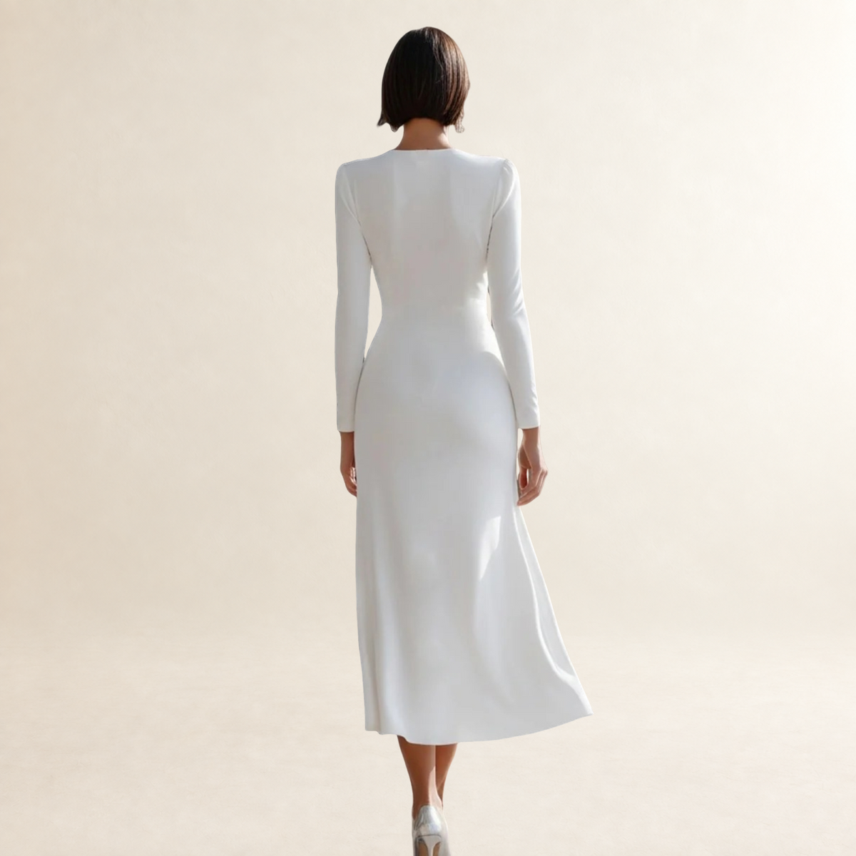 Robe midi femme à manches longues, décolleté en V froncé, ourlet évasé