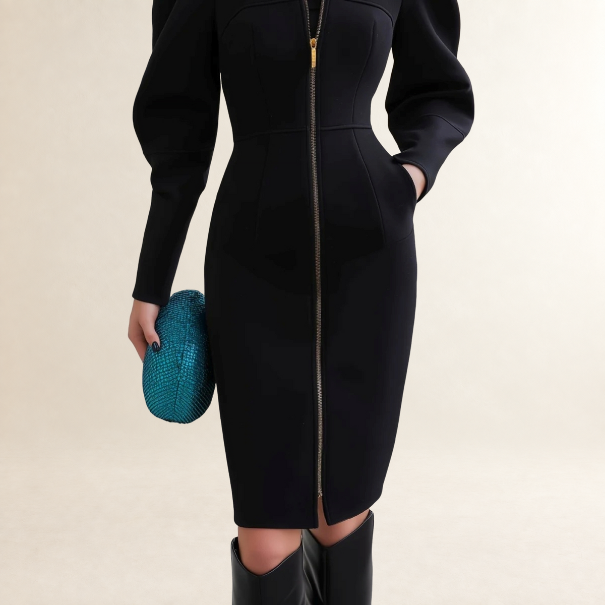 Robe midi femme à manches longues, épaules bouffantes, fermeture éclair frontale