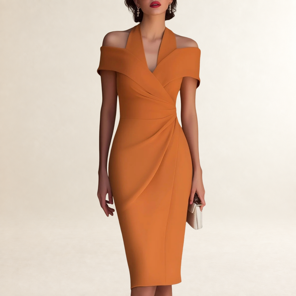 Robe midi femme à épaules dénudées et col halter avec drapé et coupe ajustée