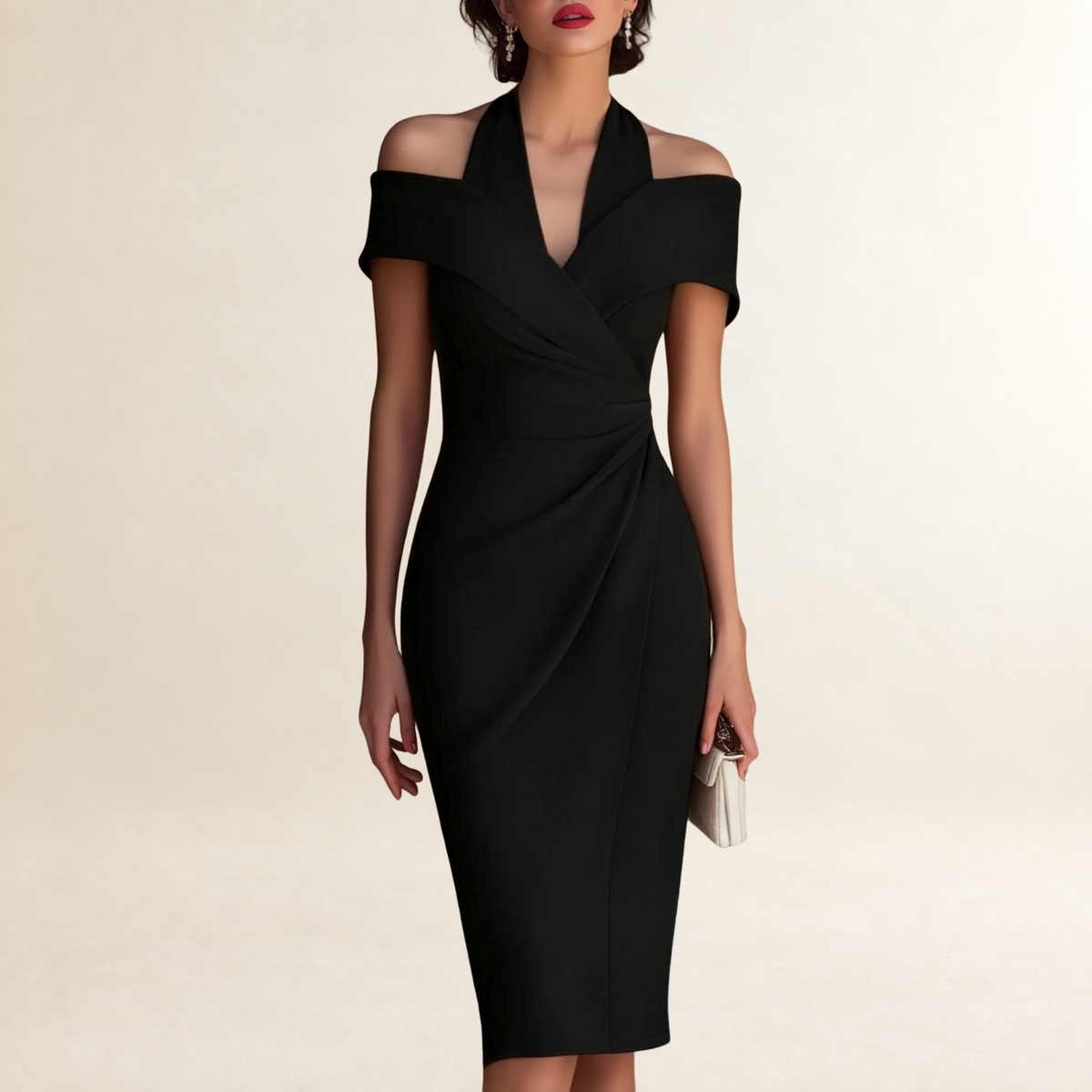 Robe midi femme à épaules dénudées et col halter avec drapé et coupe ajustée