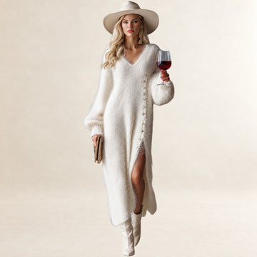 Robe midi femme à V neckline boutonnée avec fente latérale