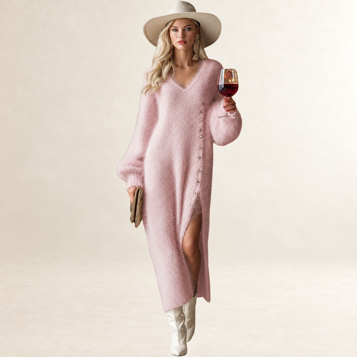 Robe midi femme à V neckline boutonnée avec fente latérale