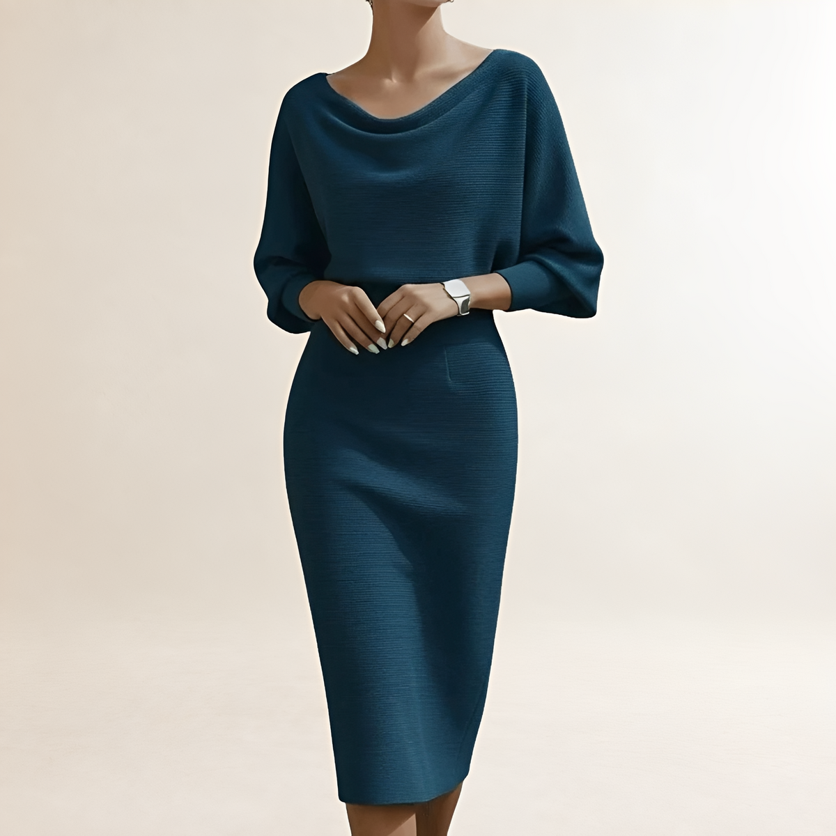 Robe midi pour femme avec col drapé, manches chauve-souris et coupe ajustée