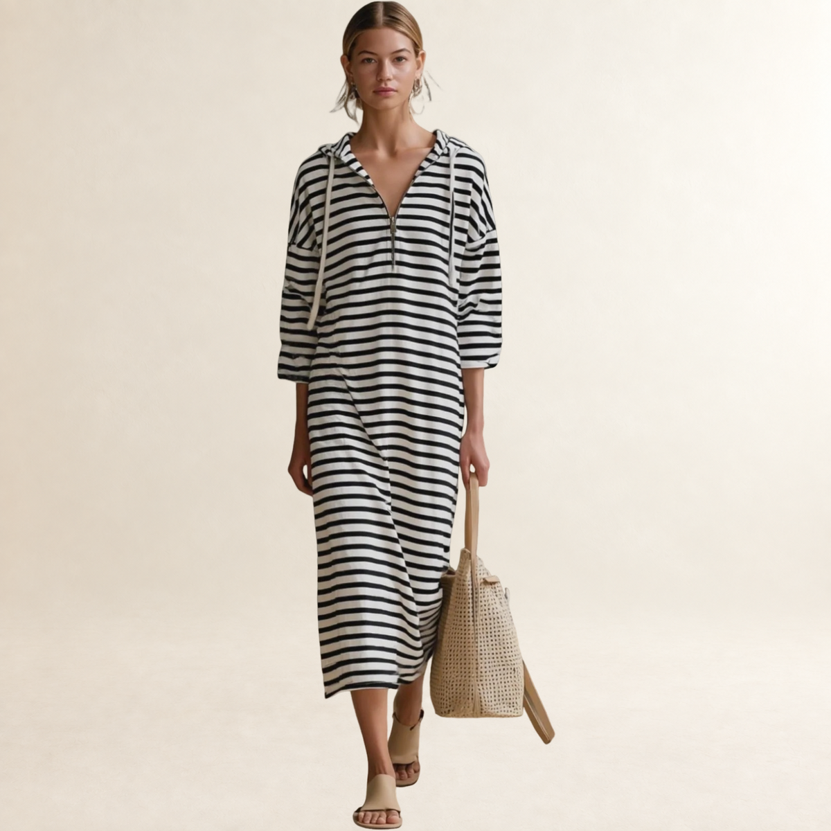 Robe midi pour femmes à capuche, rayée, demi-zip, coupe régulière