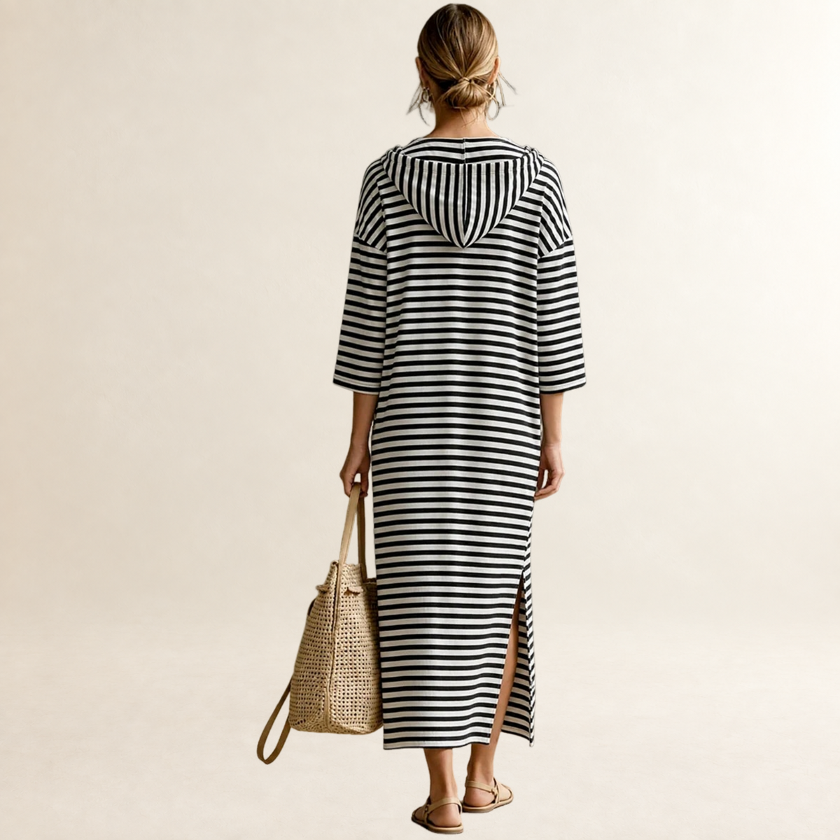 Robe midi pour femmes à capuche, rayée, demi-zip, coupe régulière