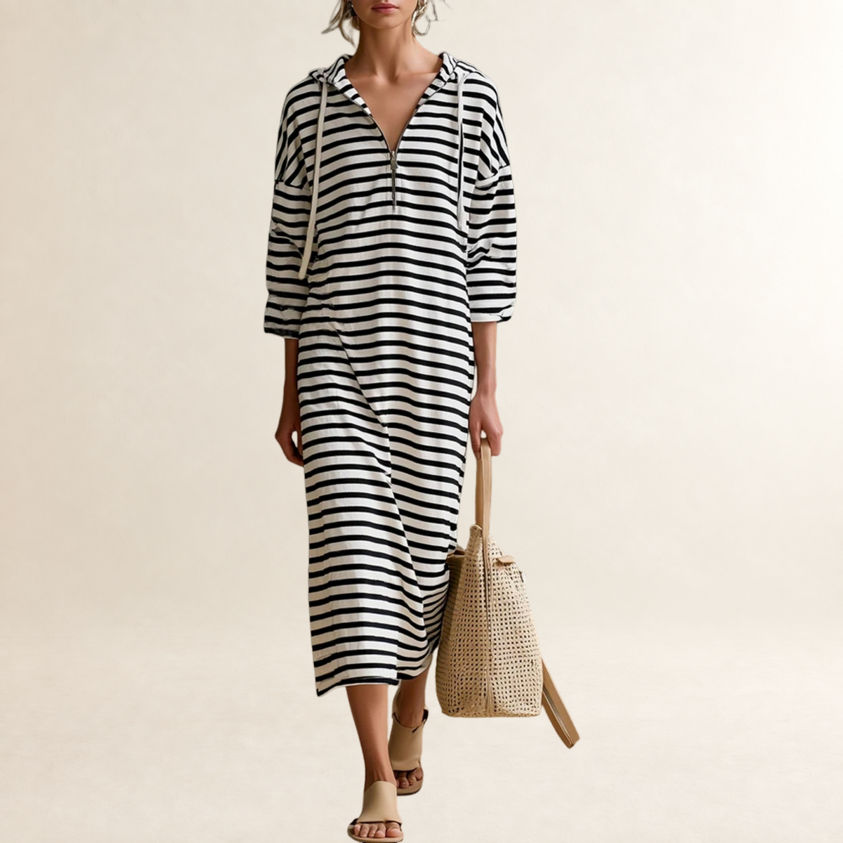 Robe midi pour femmes à capuche, rayée, demi-zip, coupe régulière