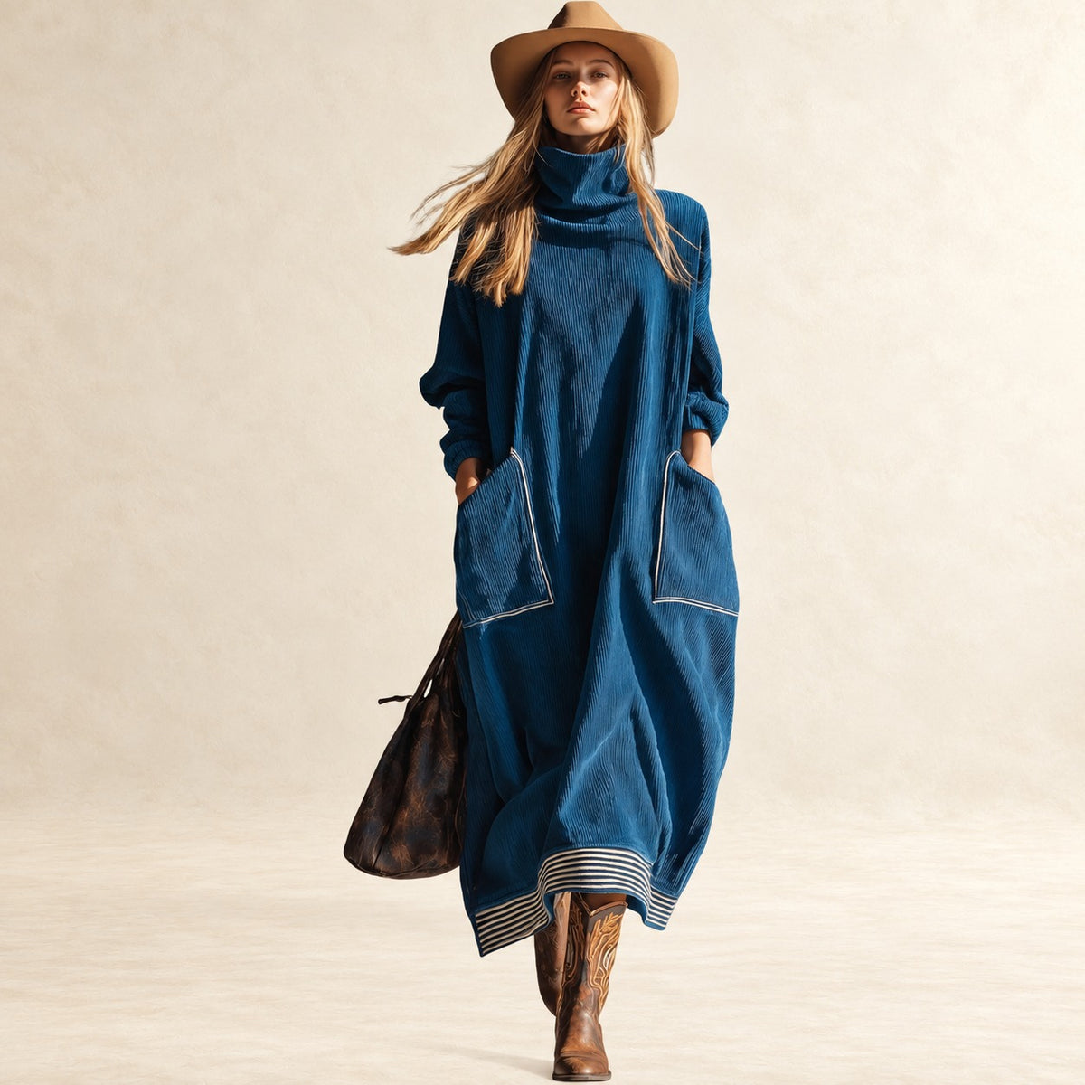 Robe midi pour femmes à col haut, grandes poches et coupe décontractée