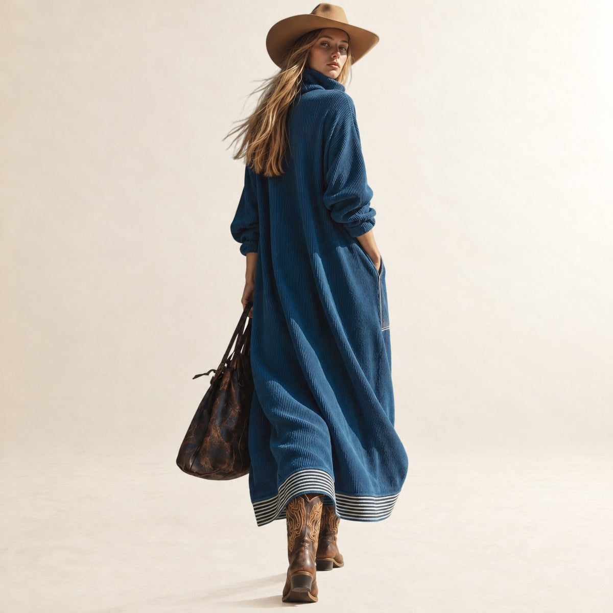 Robe midi pour femmes à col haut, grandes poches et coupe décontractée
